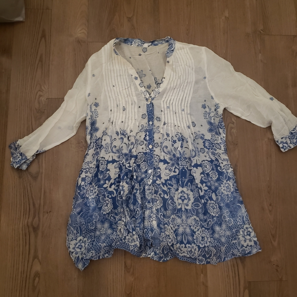 Dolma Womens Pintuck Blue White Floral 3/4 Sleeve Tunic Top-Medium